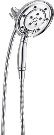 Chrome two-in-one shower head with multiple spray jets and detachable handheld wand with hose attachment.