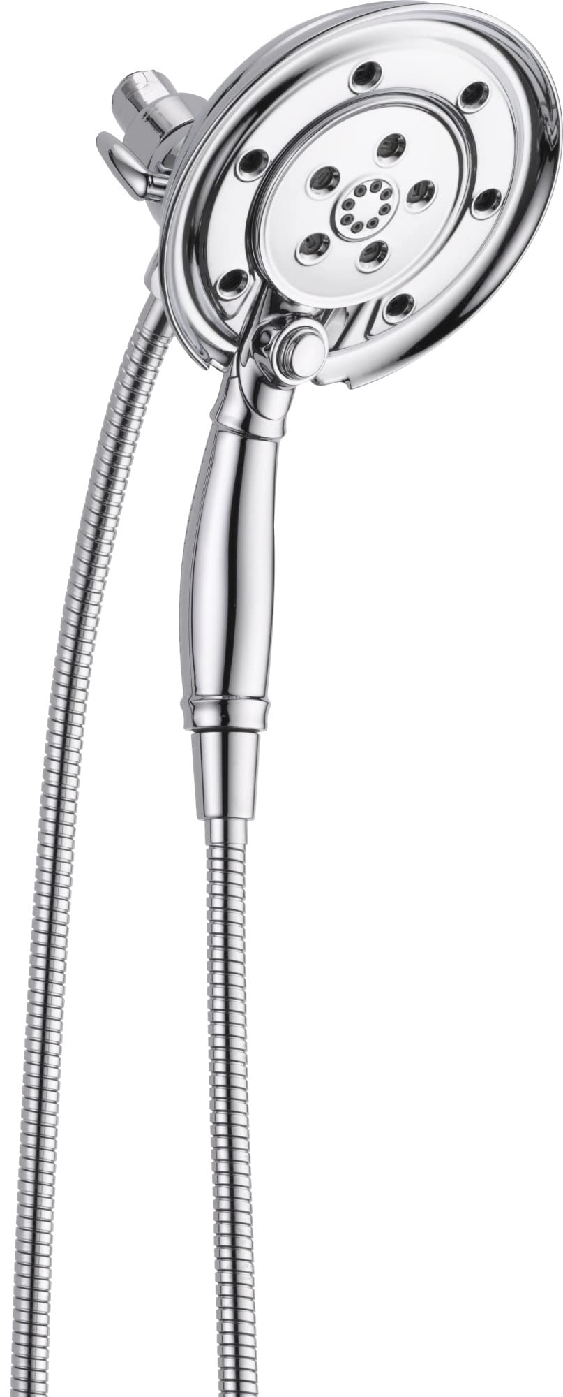 Chrome two-in-one shower head with multiple spray jets and detachable handheld wand with hose attachment.