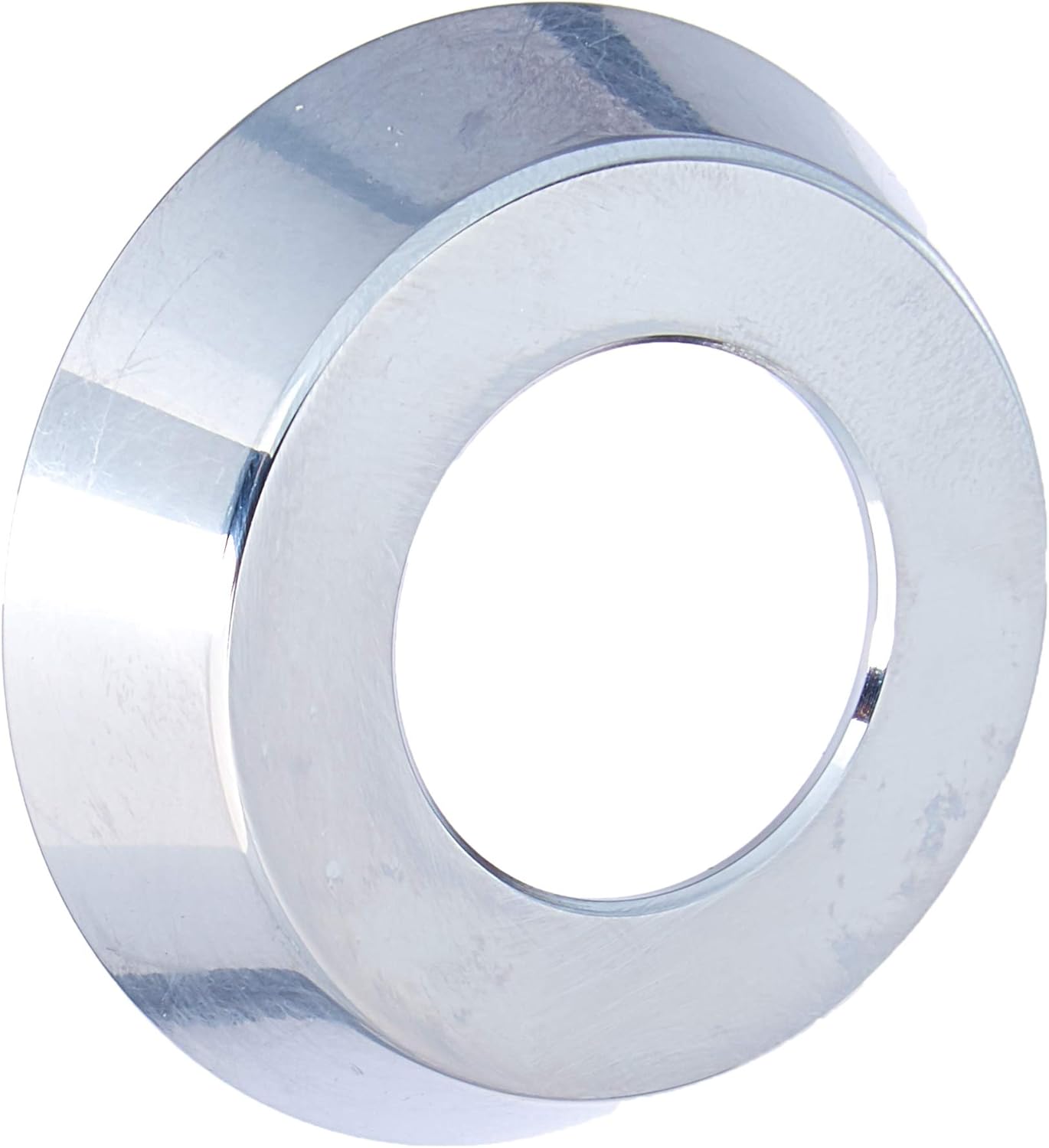 Chrome-finished round escutcheon plate with central opening for hand shower installation.
