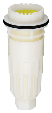 Cylindrical white plastic throttle nozzle with yellow internal gear, black rubber seal ring, and threaded top connection.