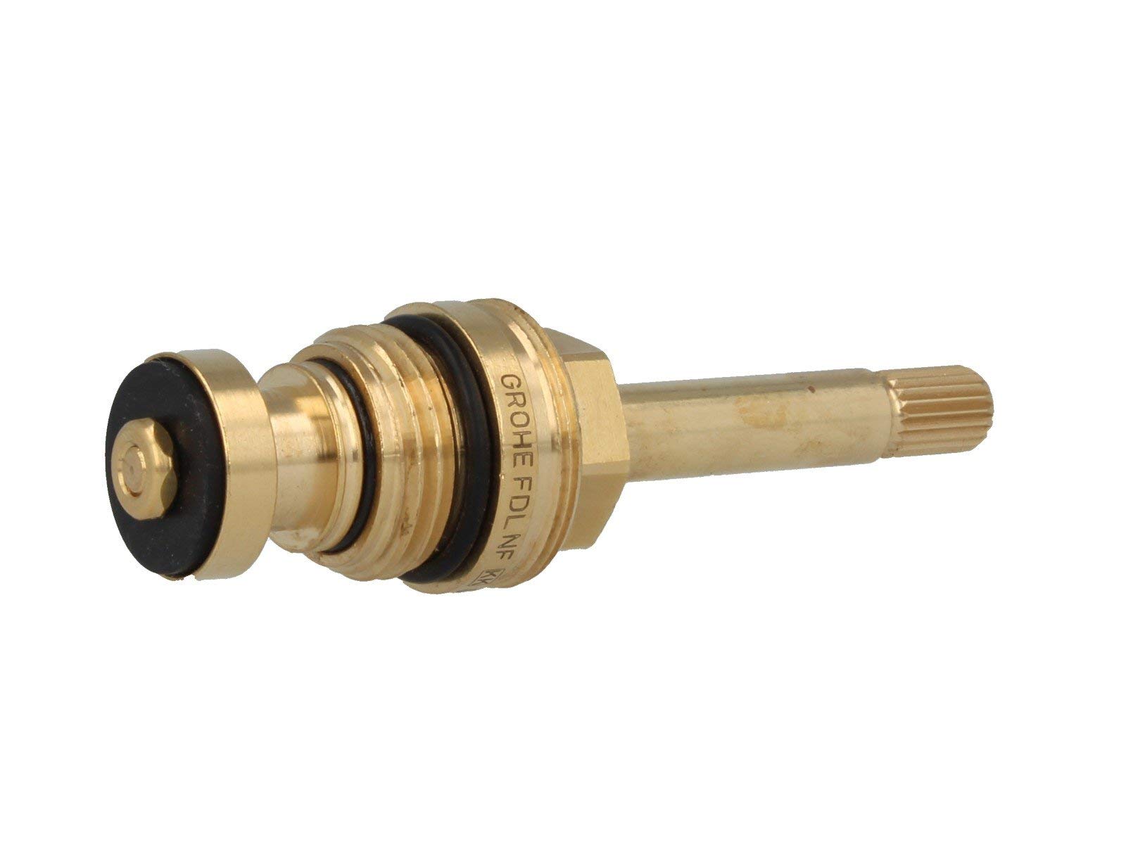 Brass cartridge with black handle knob and grooved stem for 1/2" faucet valve assembly.
