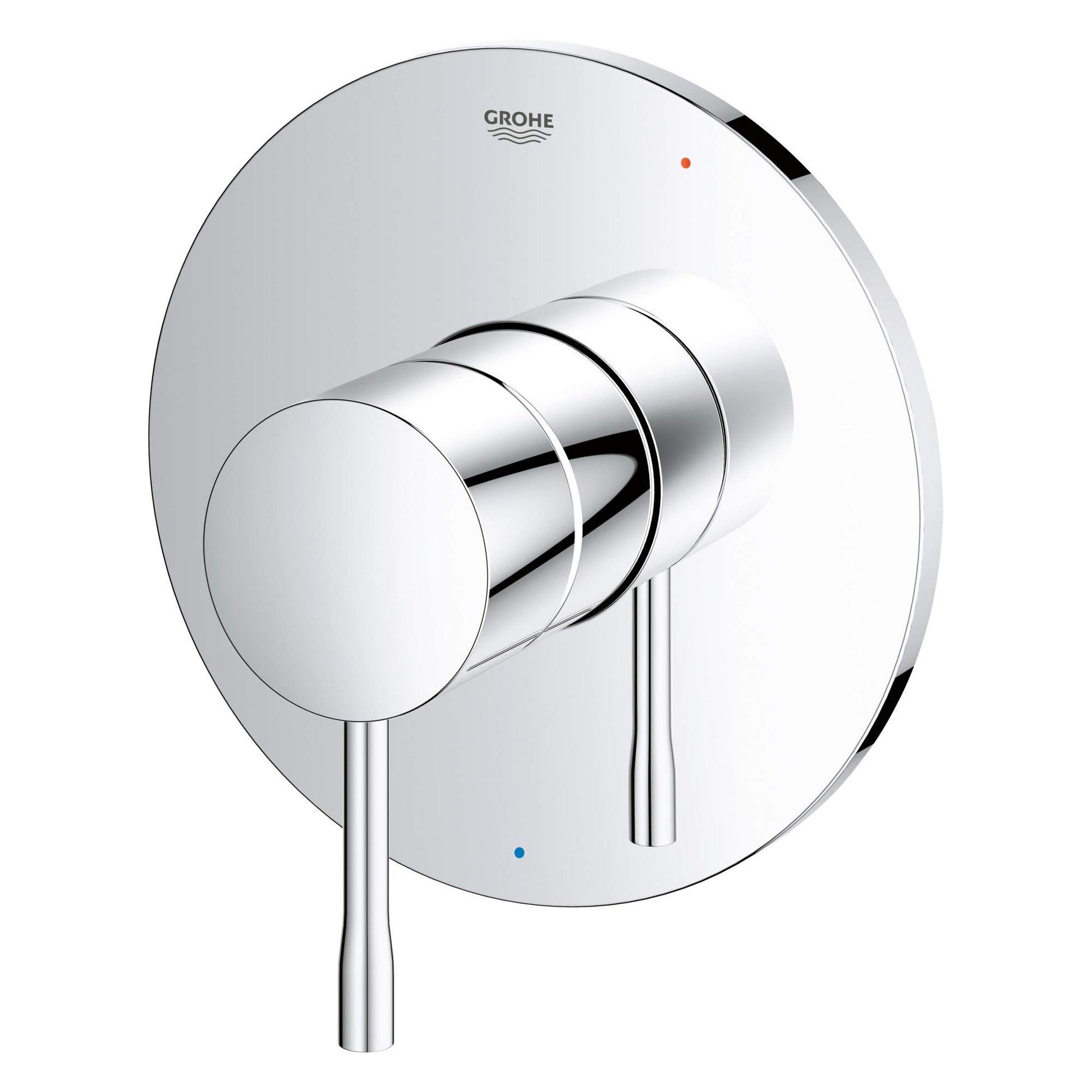 Grohe Essence chrome pressure balance valve trim with round escutcheon plate and single lever handle.