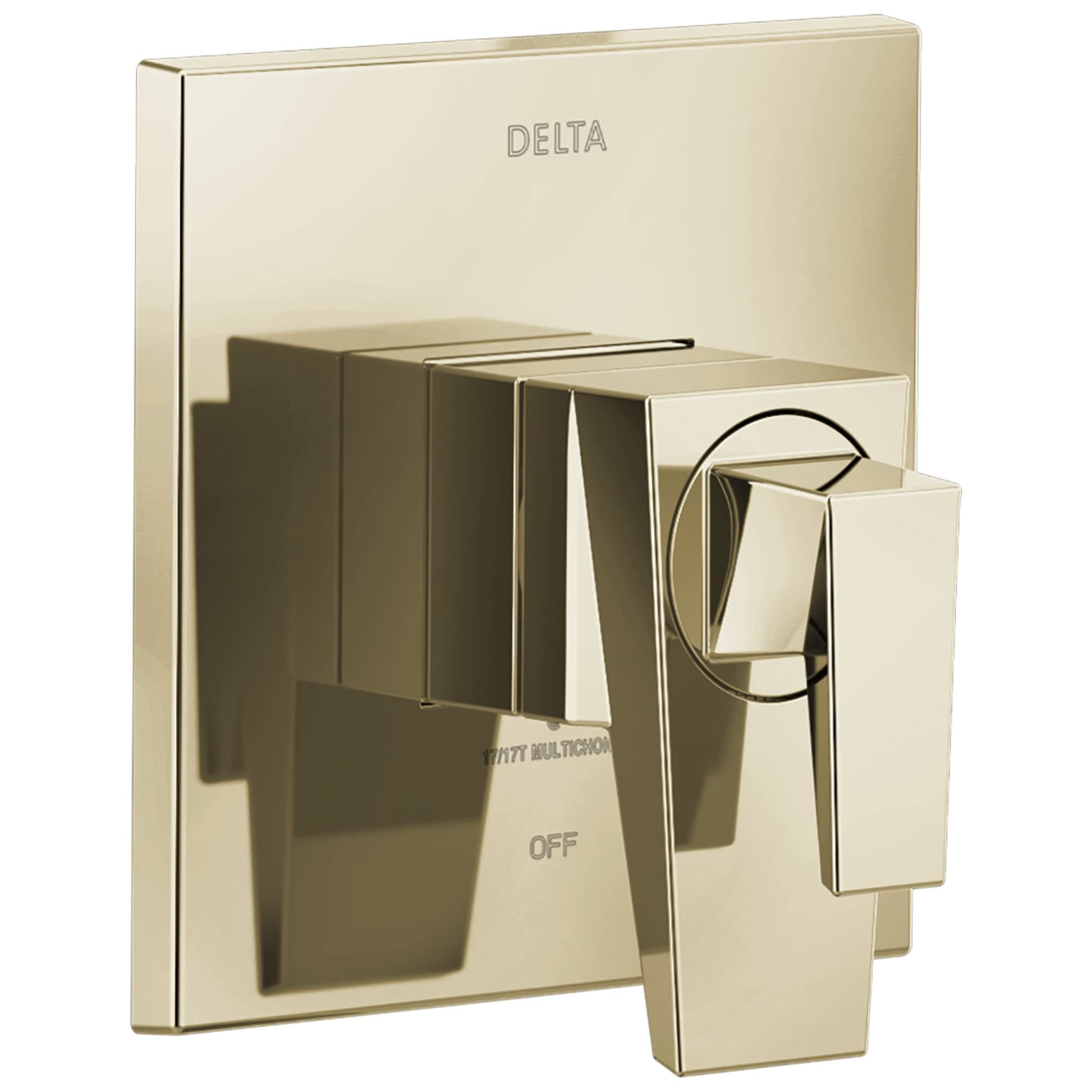 Champagne bronze Delta Trillian 17 Series valve trim with square backplate, control lever, and diverter handle.