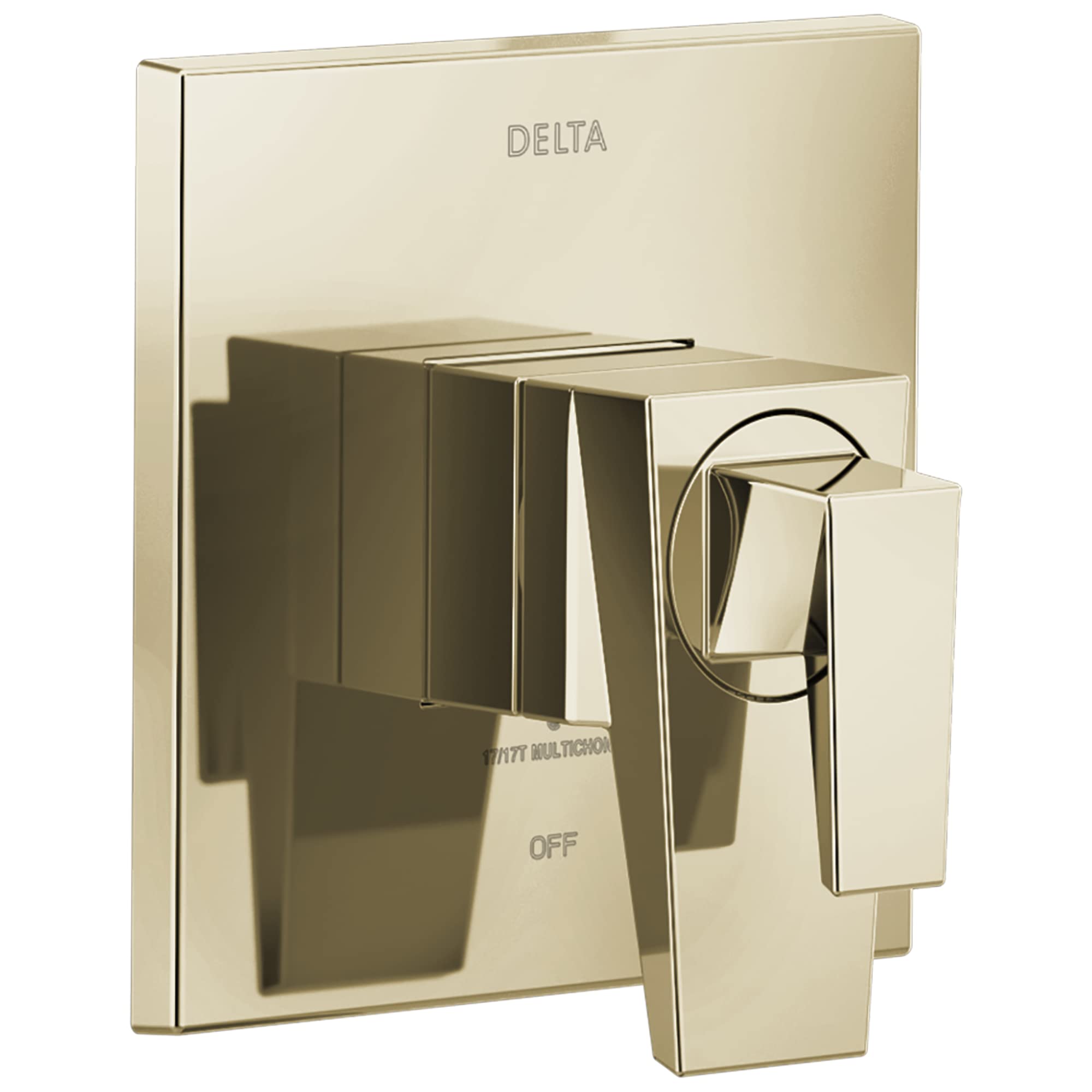 Champagne bronze Delta Trillian 17 Series valve trim with square backplate, control lever, and diverter handle.