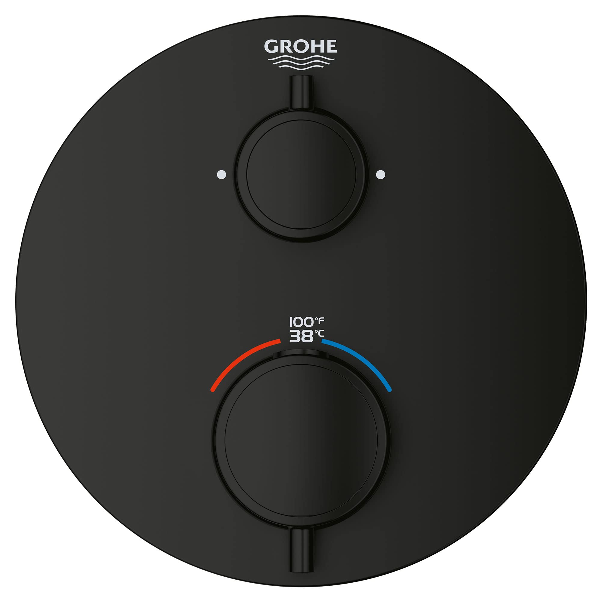 Matte black circular thermostatic valve trim with two handles, temperature dial showing 38°C/100°F, and Grohe branding.