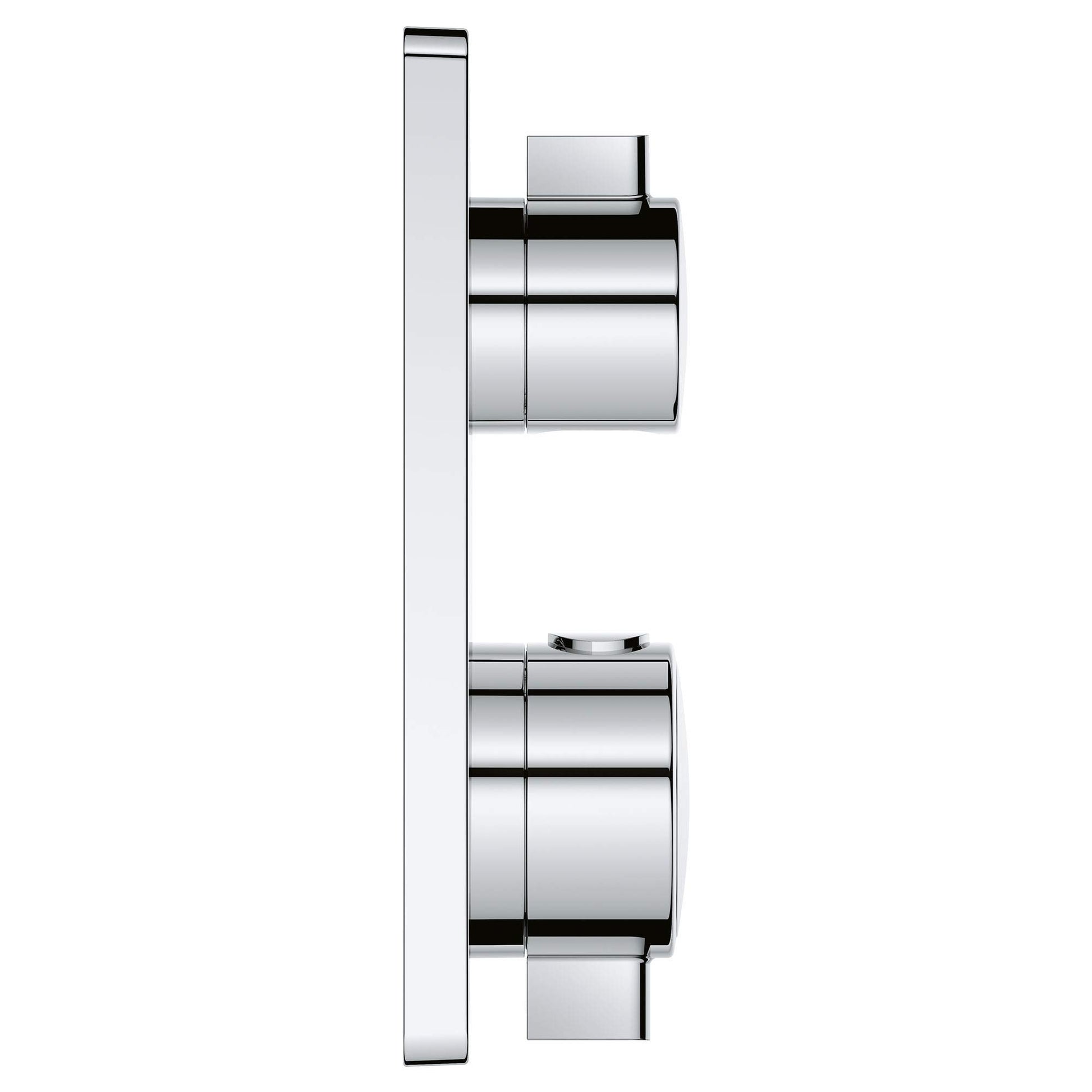 Grohe Grohtherm chrome thermostatic valve trim with vertical plate and two rectangular handles, front view.