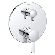 Chrome pressure balance valve trim with two round handles and diverter lever on circular escutcheon plate.