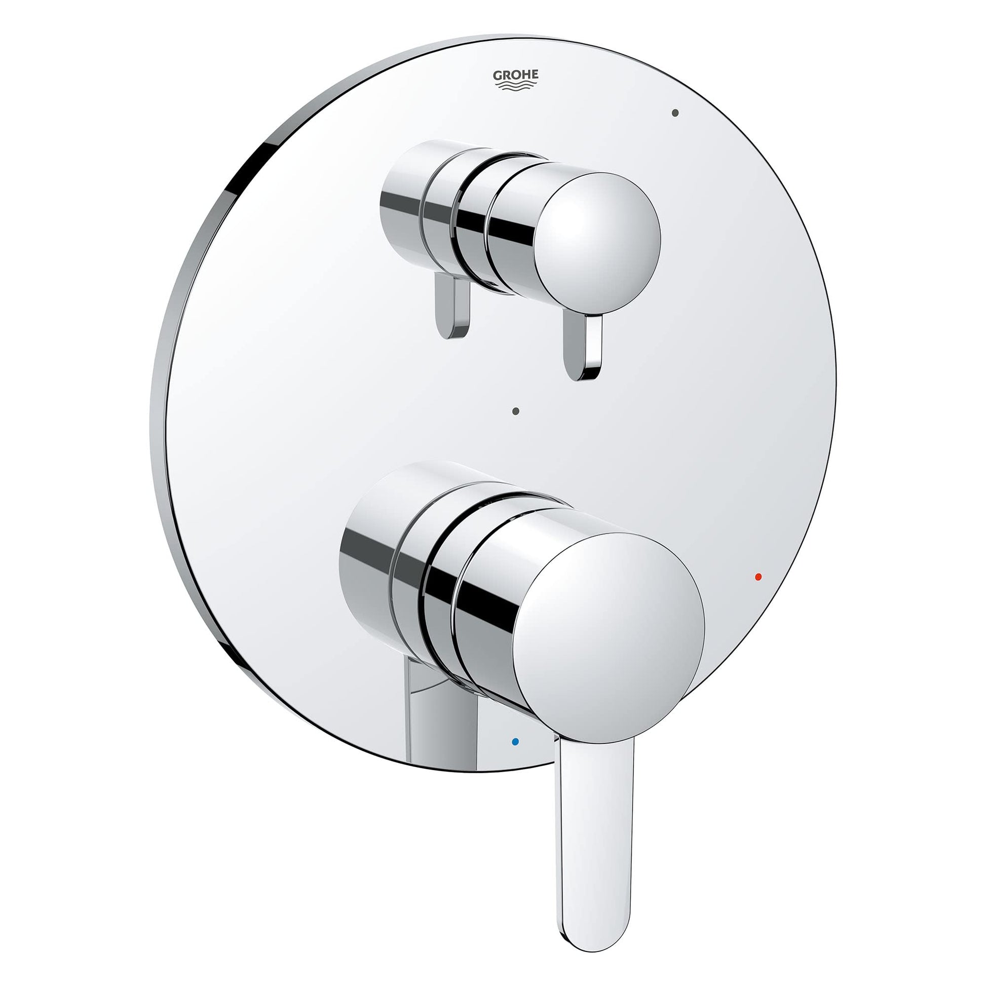 Chrome pressure balance valve trim with two round handles and diverter lever on circular escutcheon plate.