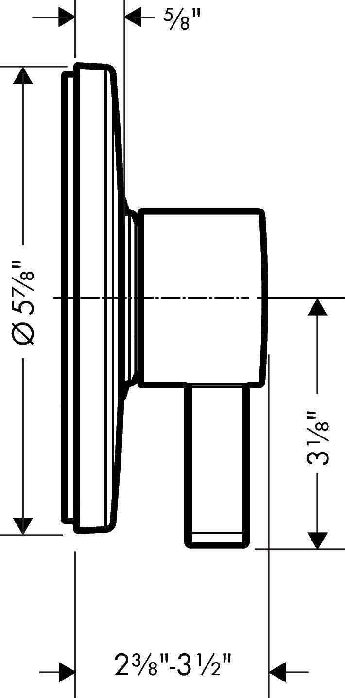 Chrome pressure balance valve trim with square handles and dimension markings showing 5/8" inlet, 5 7/8" height, and 3/8" out
