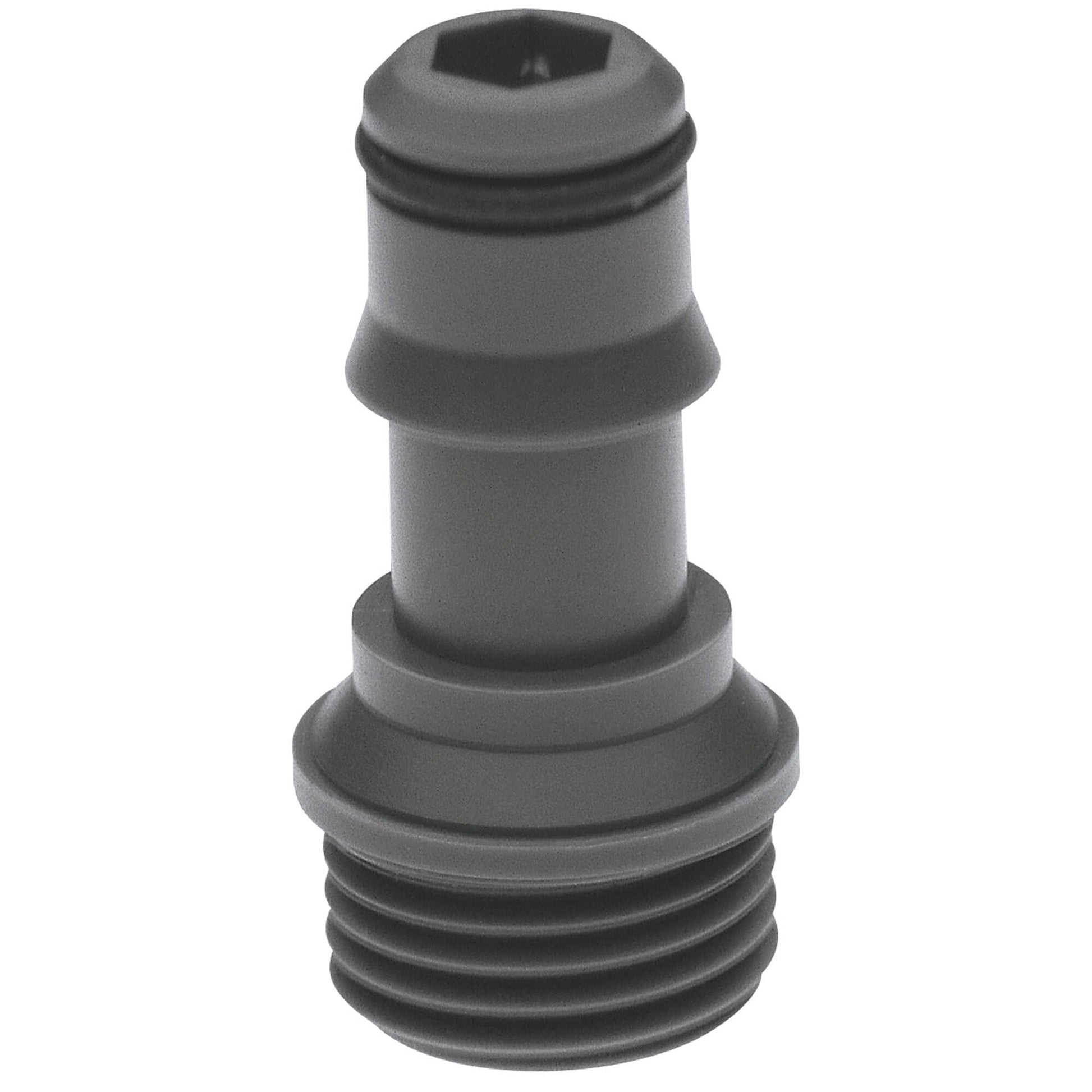 Gray plastic coupling piece with threaded base and hollow top connector, Grohe Relexa model 28635XX0.