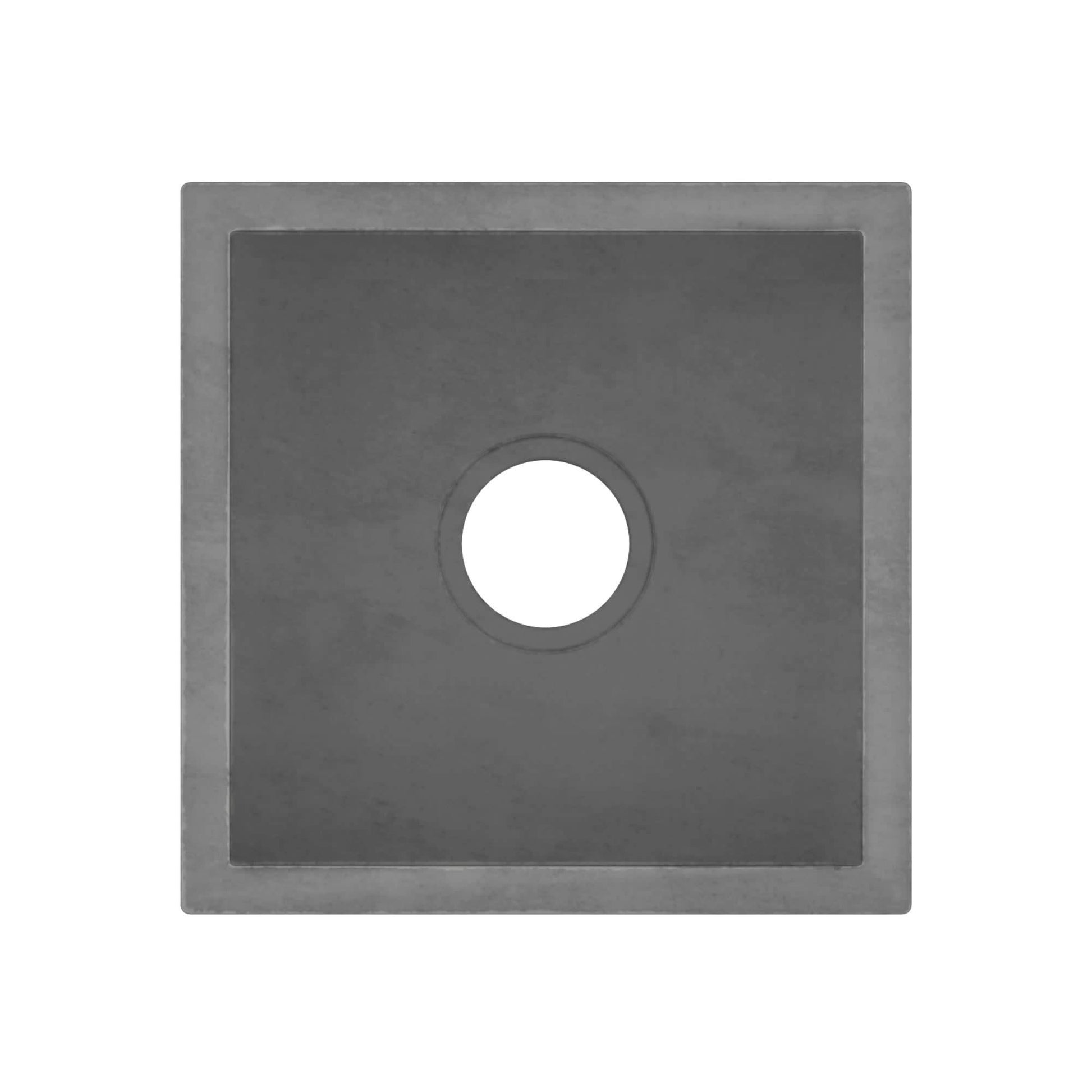 Slate-colored square bar sink with single circular drain opening, viewed from above.