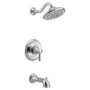 Chrome tub and shower trim kit with single lever handle, showerhead with spray holes, and tub spout.