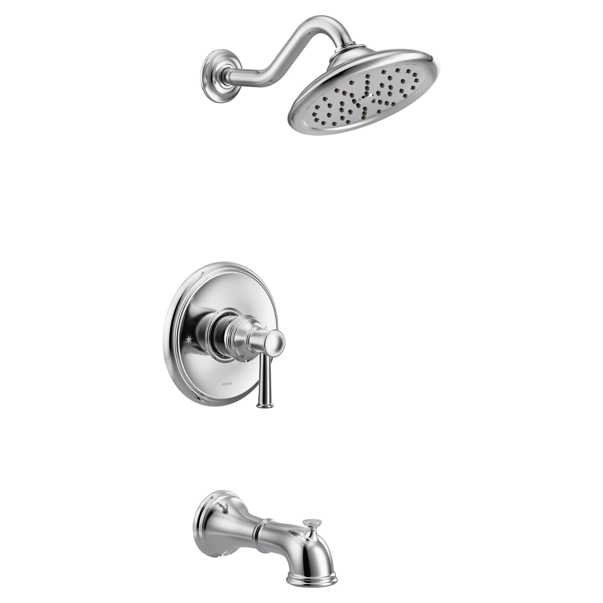 Chrome tub and shower trim kit with single lever handle, showerhead with spray holes, and tub spout.
