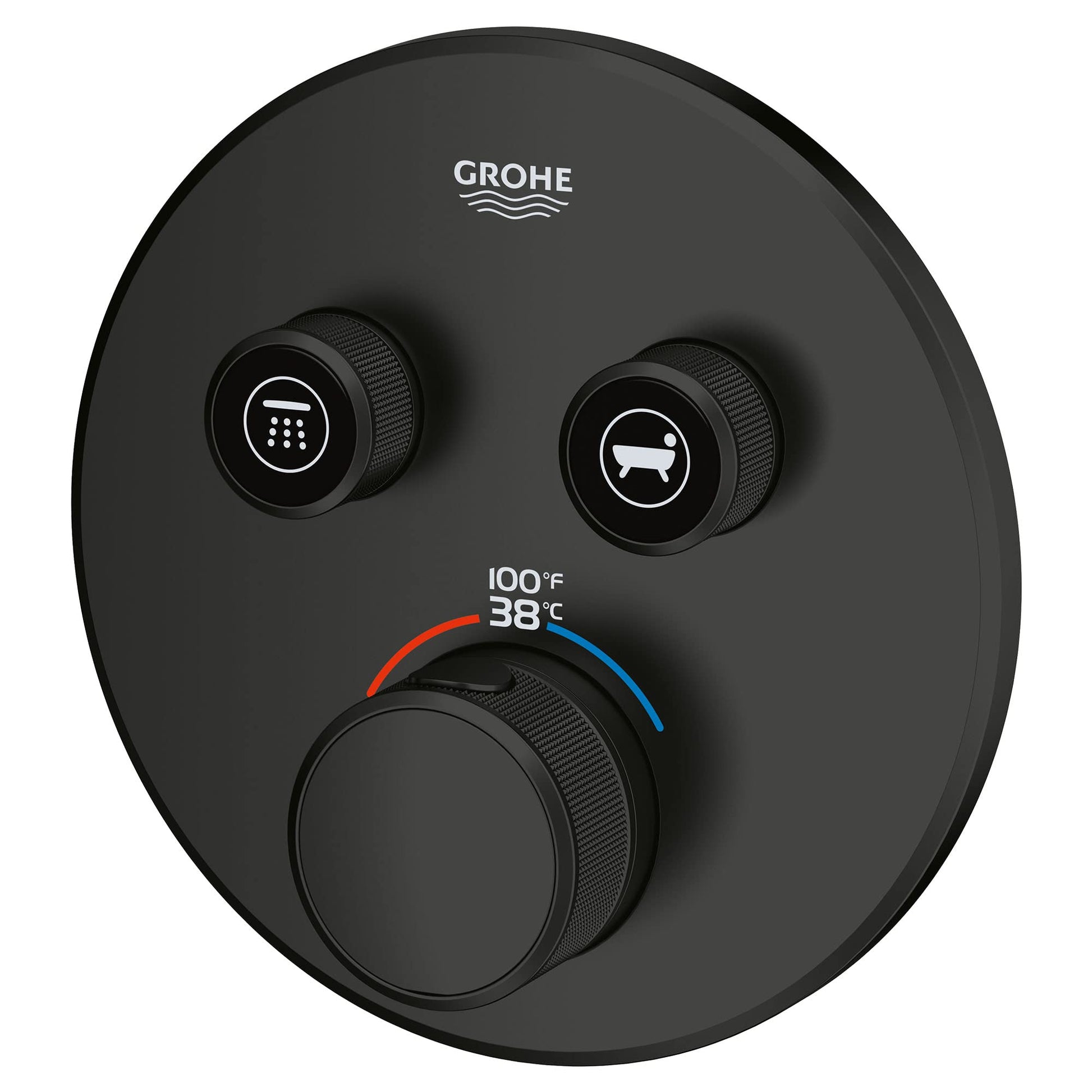 Matte black Grohe thermostatic valve trim with two control knobs for showerhead and tub functions and central temperature dia
