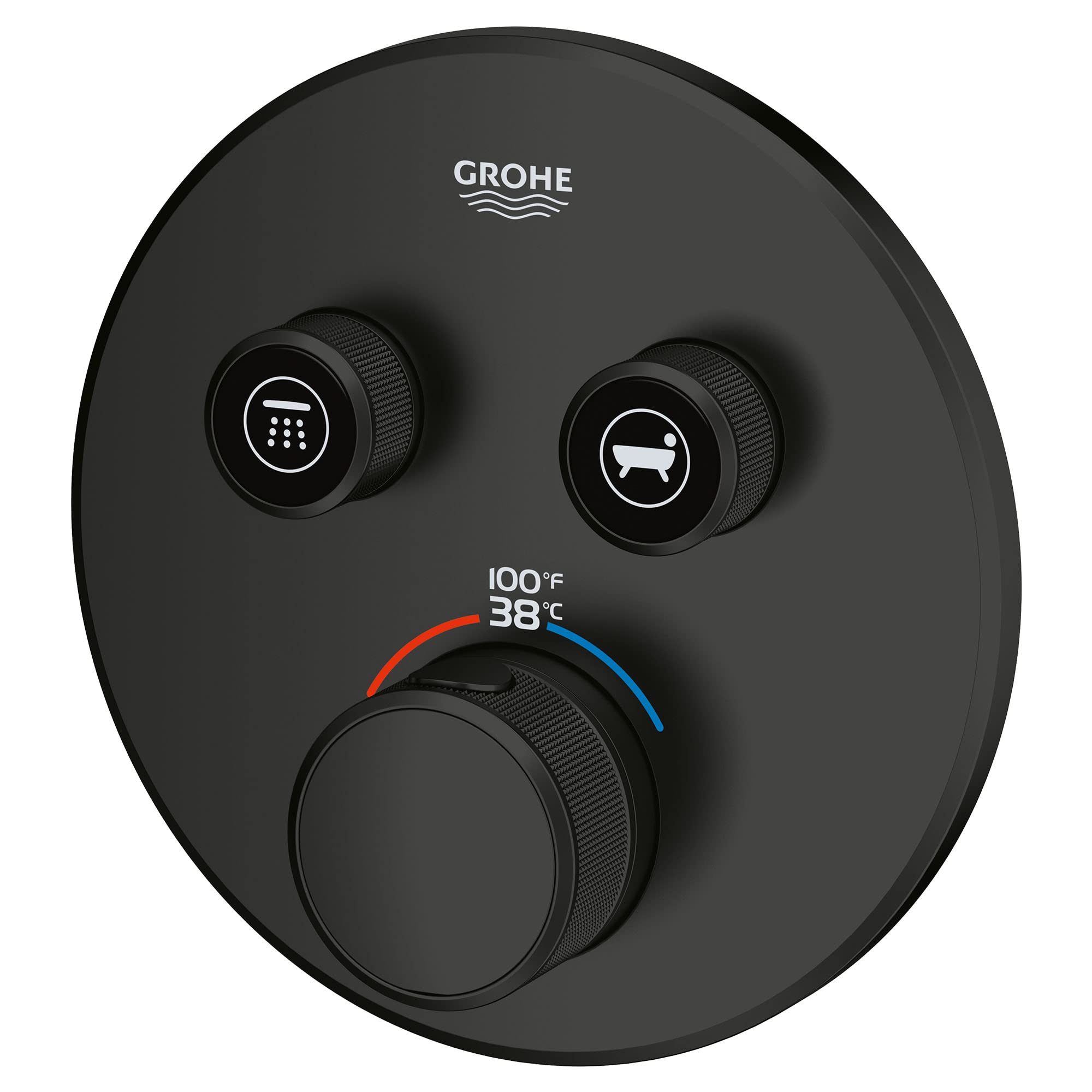 Matte black Grohe thermostatic valve trim with two control knobs for showerhead and tub functions and central temperature dia