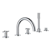 Chrome five-piece Roman tub faucet with two cross handles, curved spout, and hand shower wand.