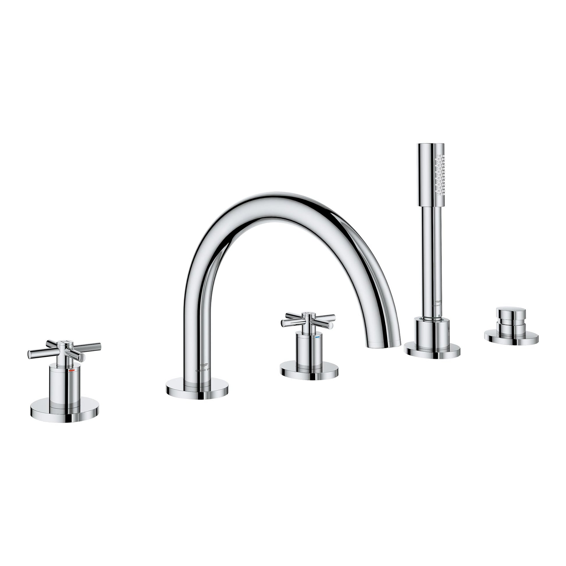 Chrome five-piece Roman tub faucet with two cross handles, curved spout, and hand shower wand.
