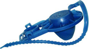 Blue vinyl flapper valve with handle and serrated tail piece for pool or spa drainage systems.