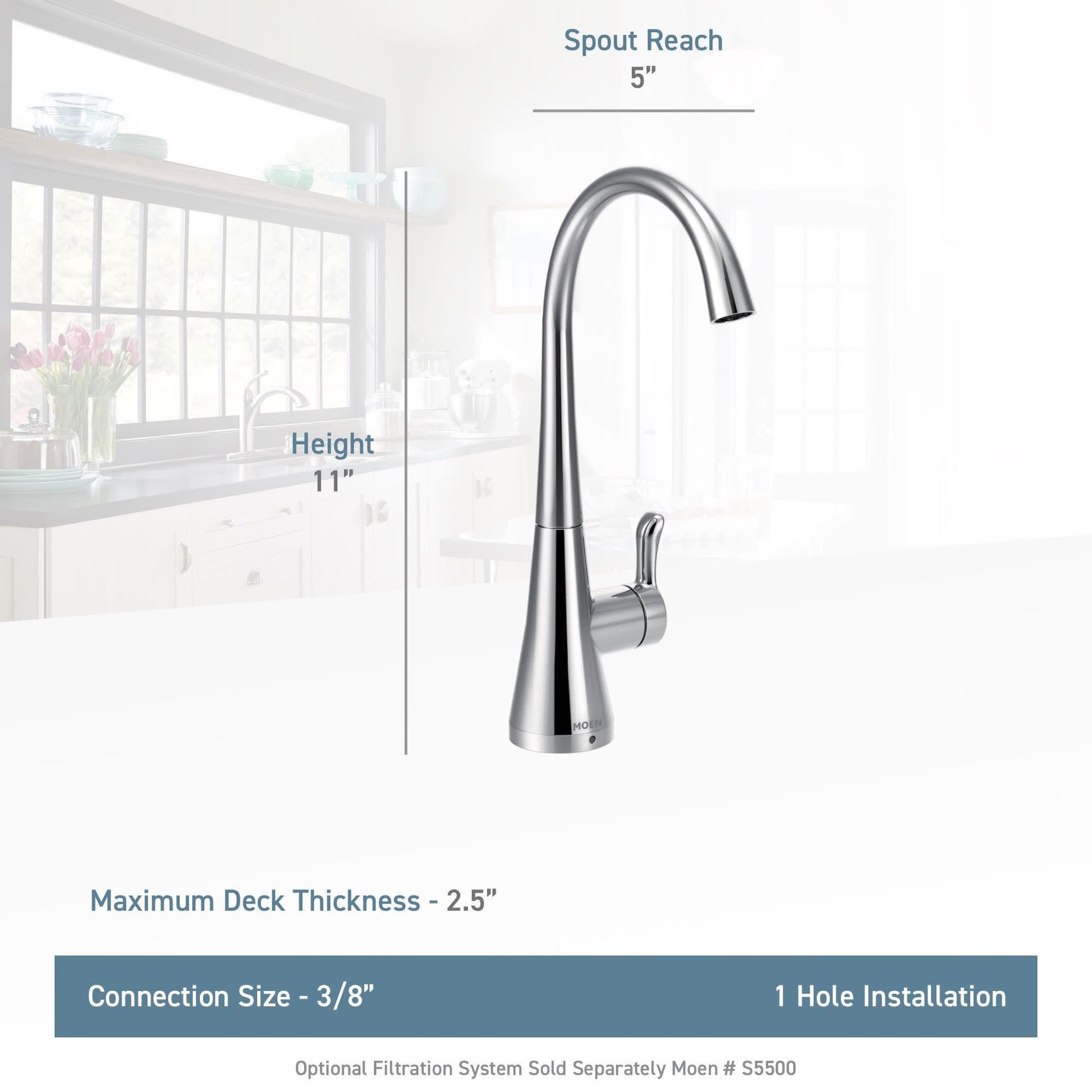 Stainless steel kitchen beverage faucet with curved spout, single lever handle, 11" height and 5" spout reach.