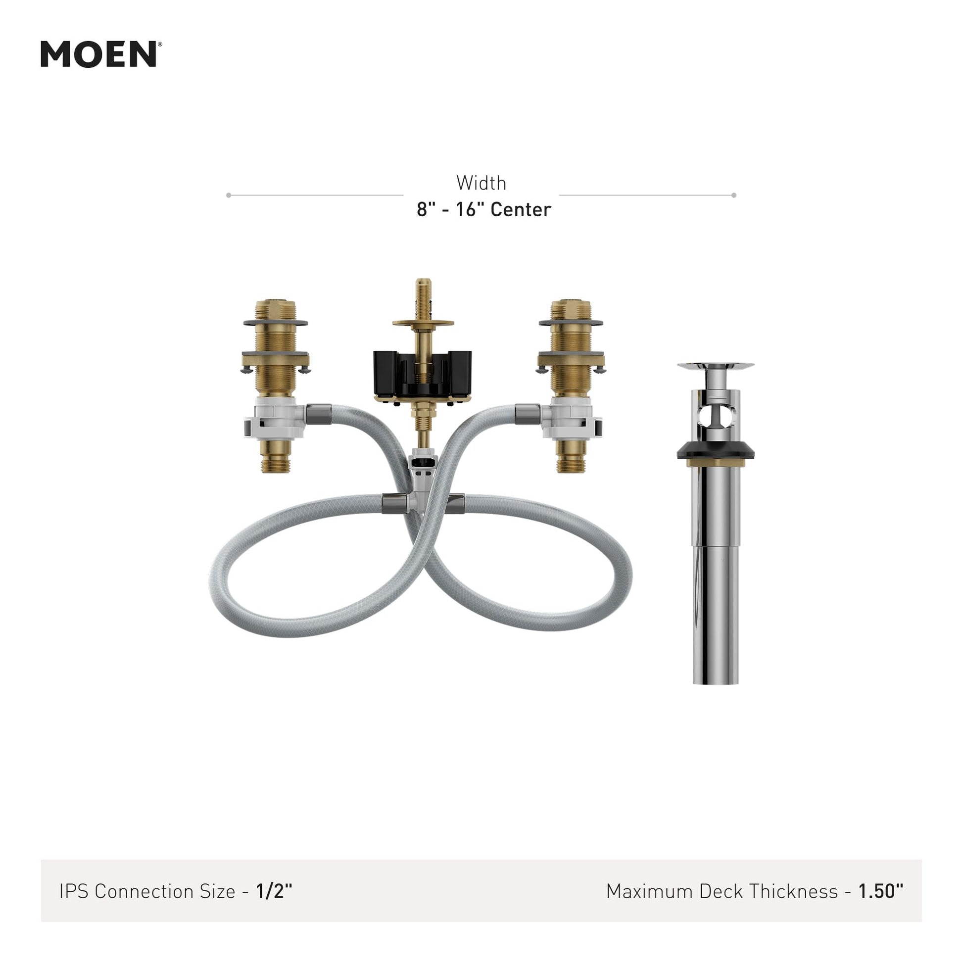 Moen rough-in valve assembly with dual brass inlets, center control, flexible hose connections, and vertical riser for widesp