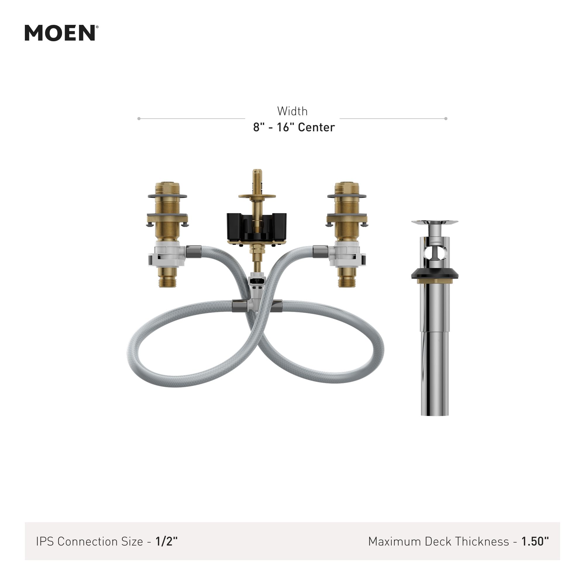 Moen rough-in valve assembly with dual brass inlets, center control, flexible hose connections, and vertical riser for widesp
