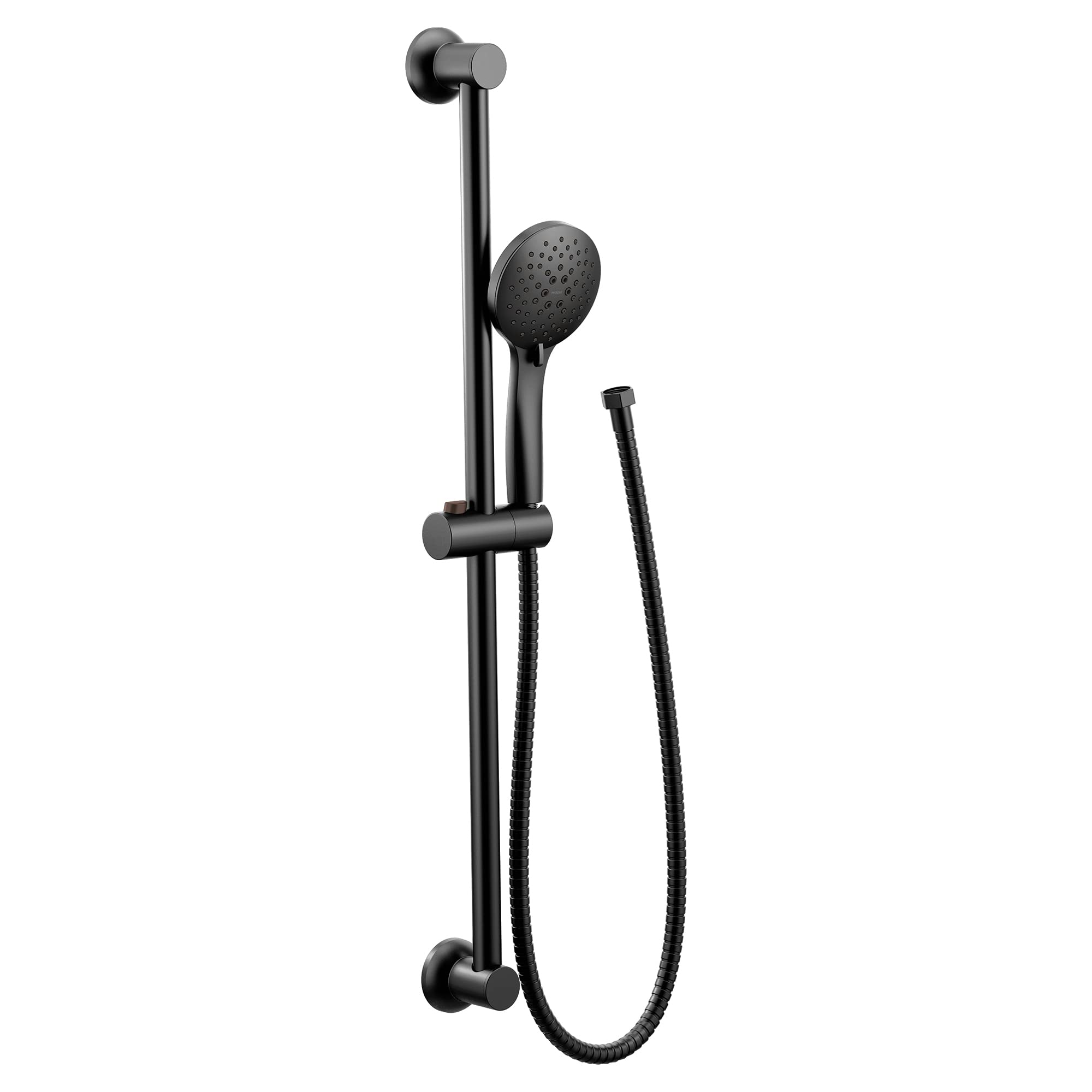 Matte black hand shower with slide bar, adjustable holder, and hose attachment.