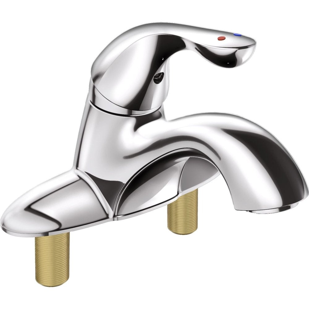 Chrome single-handle bathroom faucet with curved spout, red and blue indicator dots, and brass-colored mounting shanks.