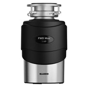 Blanco FWD Max black food waste disposal unit with 1 HP motor and stainless steel base.