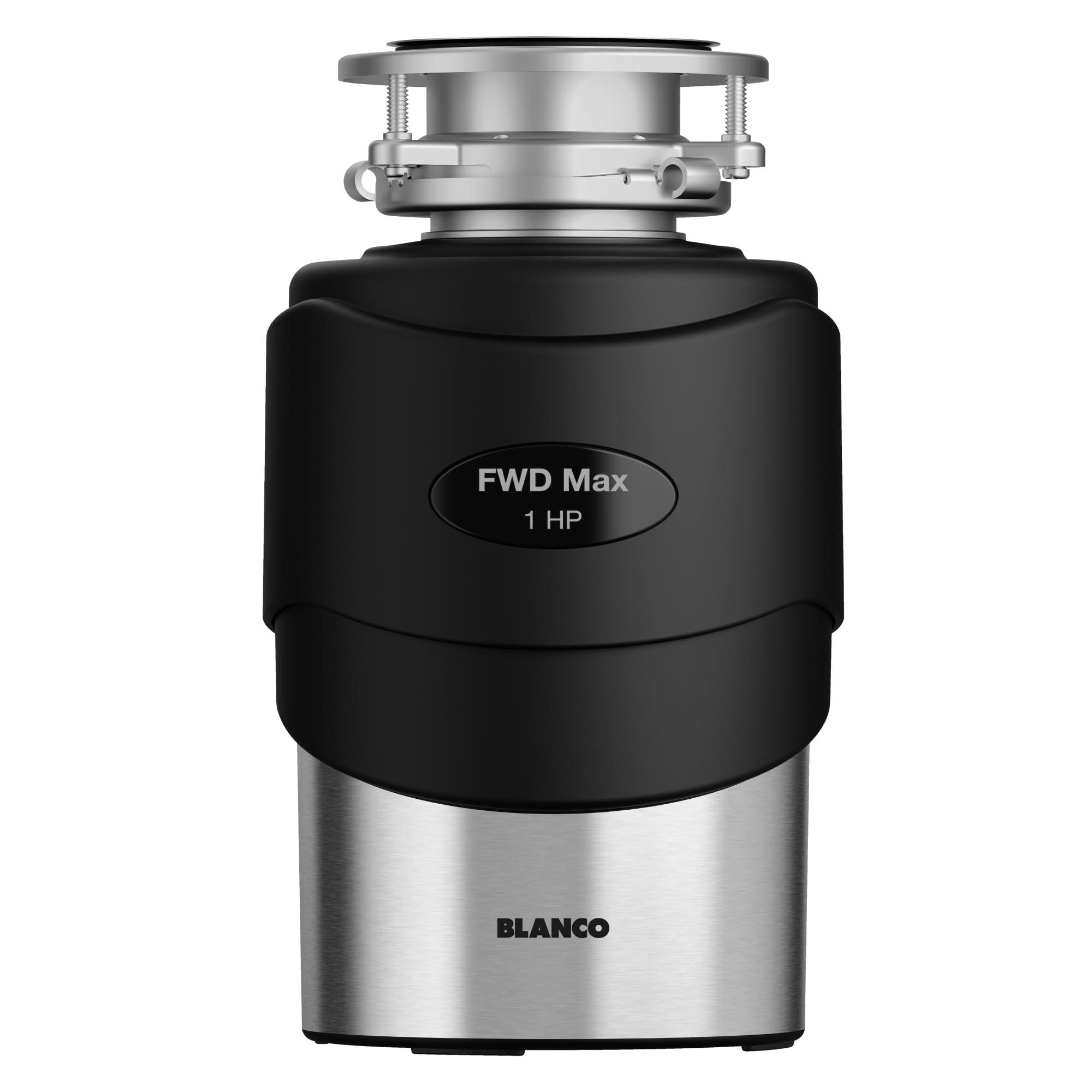 Blanco FWD Max black food waste disposal unit with 1 HP motor and stainless steel base.