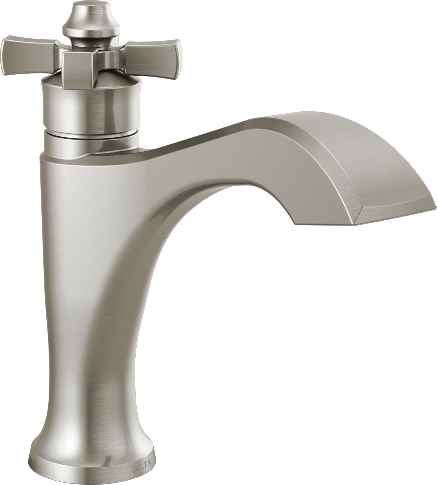 Brushed nickel single-handle bathroom faucet with curved spout and cross handles on tall cylindrical base.