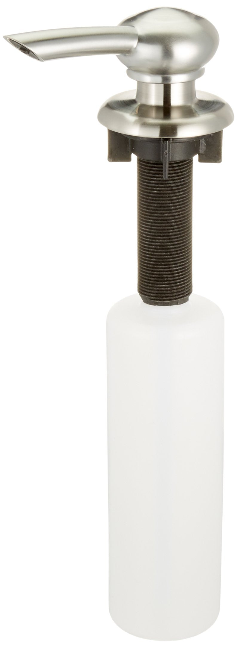 Stainless steel soap and lotion dispenser pump with spherical top and angled spout, shown with white cylindrical reservoir bo