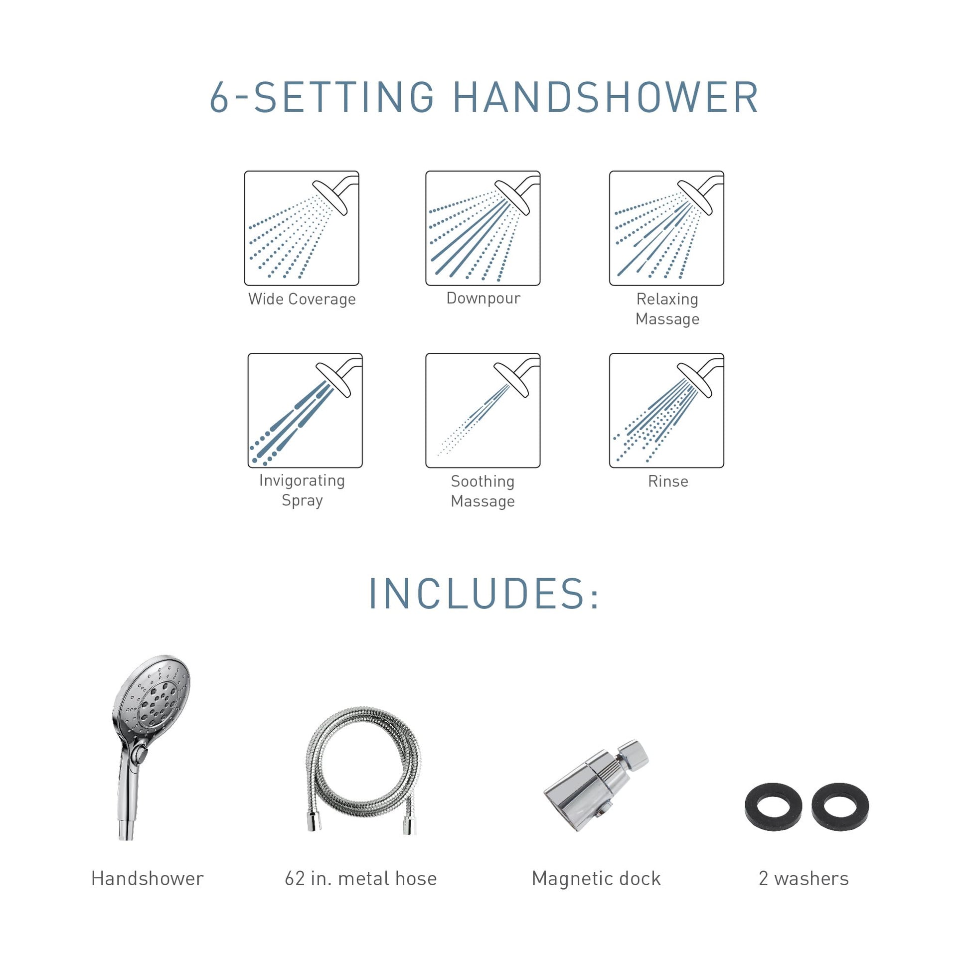 Brushed gold handheld showerhead with six spray settings, 62-inch metal hose, magnetic dock, and accessories.