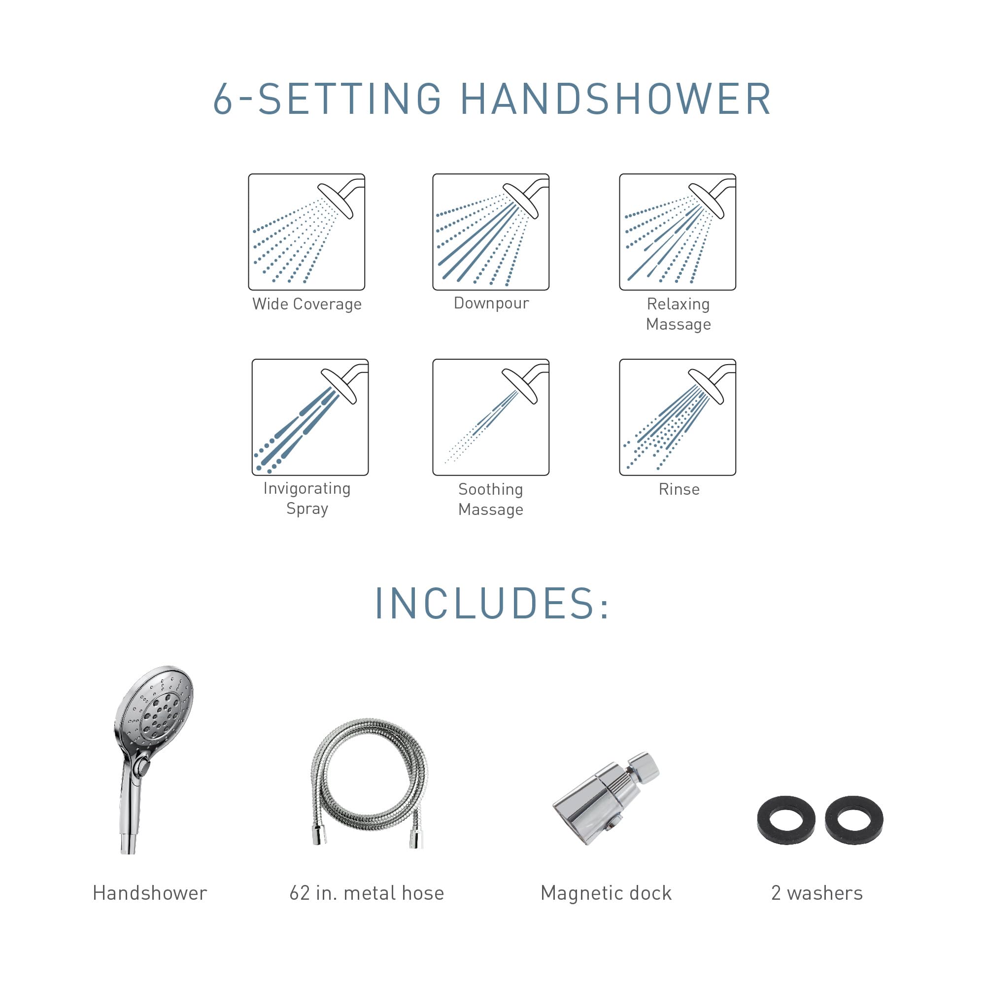Brushed gold handheld showerhead with six spray settings, 62-inch metal hose, magnetic dock, and accessories.
