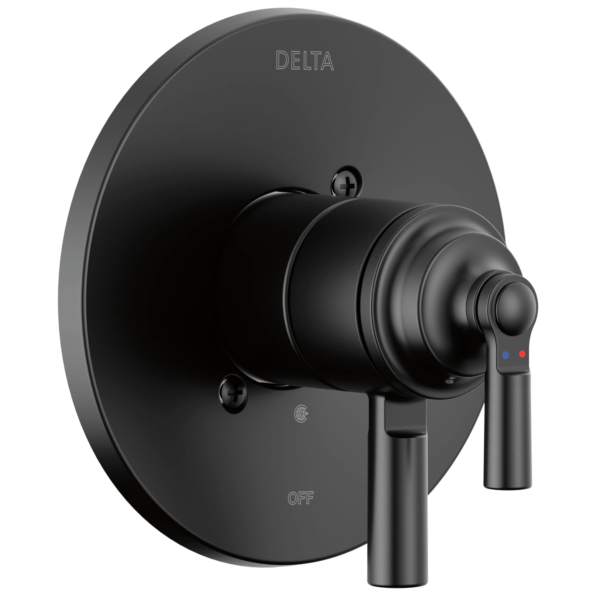 Delta Saylor Monitor 17 Series valve trim with round escutcheon plate, lever handle, and temperature indicator dots in matte 
