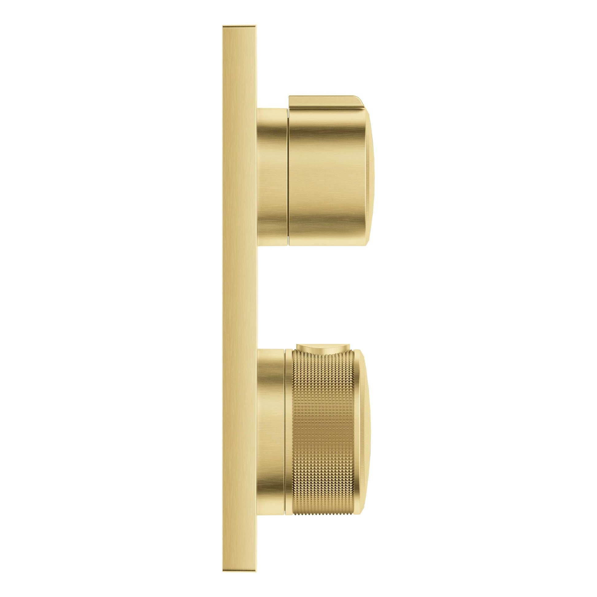 Brushed gold thermostatic valve trim with two cylindrical handles on vertical rectangular plate.