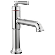 Chrome single-handle bathroom faucet with cylindrical body, curved spout, and lever handle positioned above.