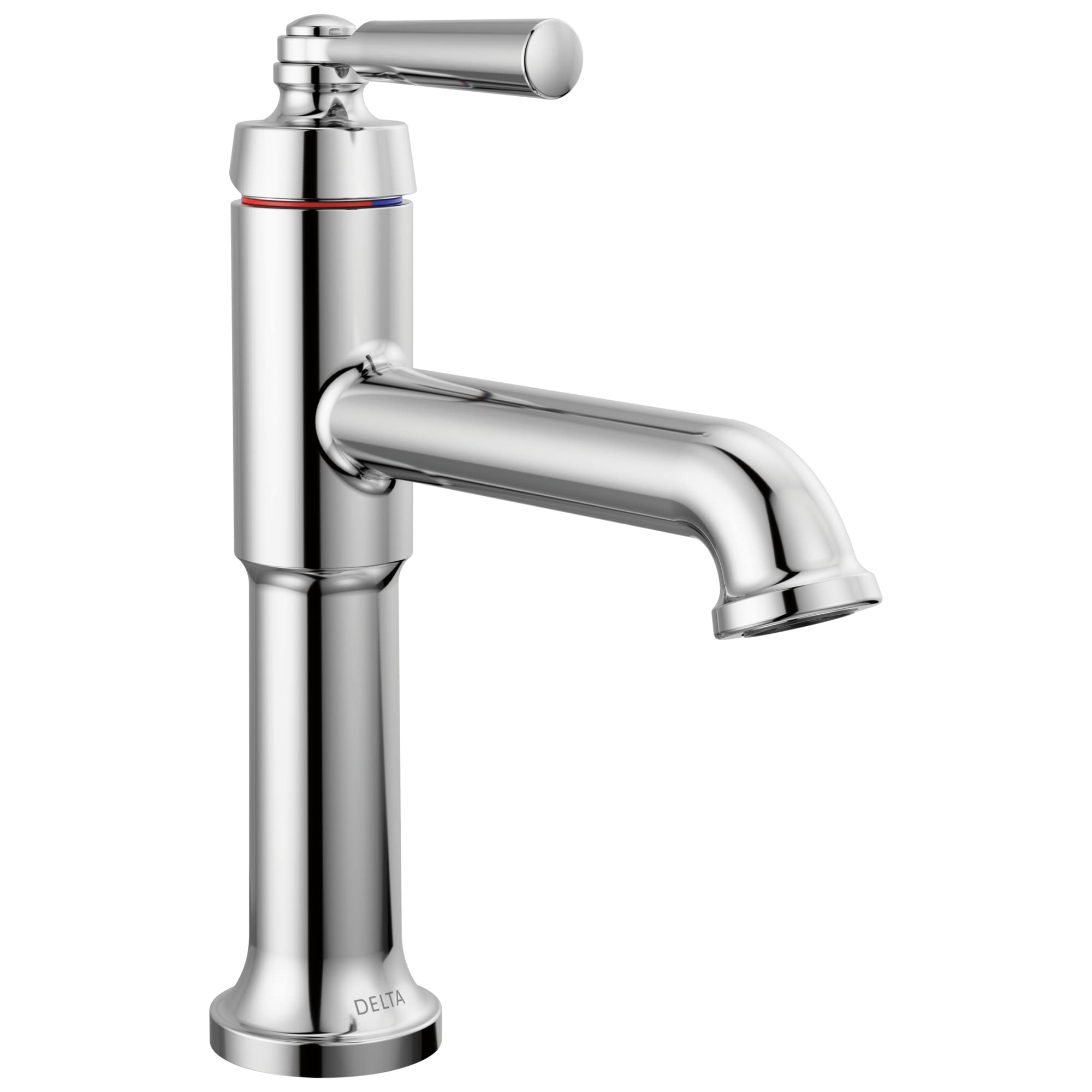 Chrome single-handle bathroom faucet with cylindrical body, curved spout, and lever handle positioned above.