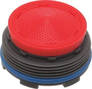 Stacked circular aerator disc in red, black, and blue with perforated surface and threaded base.
