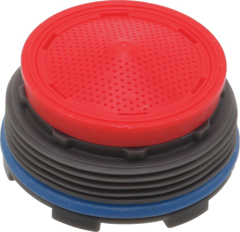 Stacked circular aerator disc in red, black, and blue with perforated surface and threaded base.