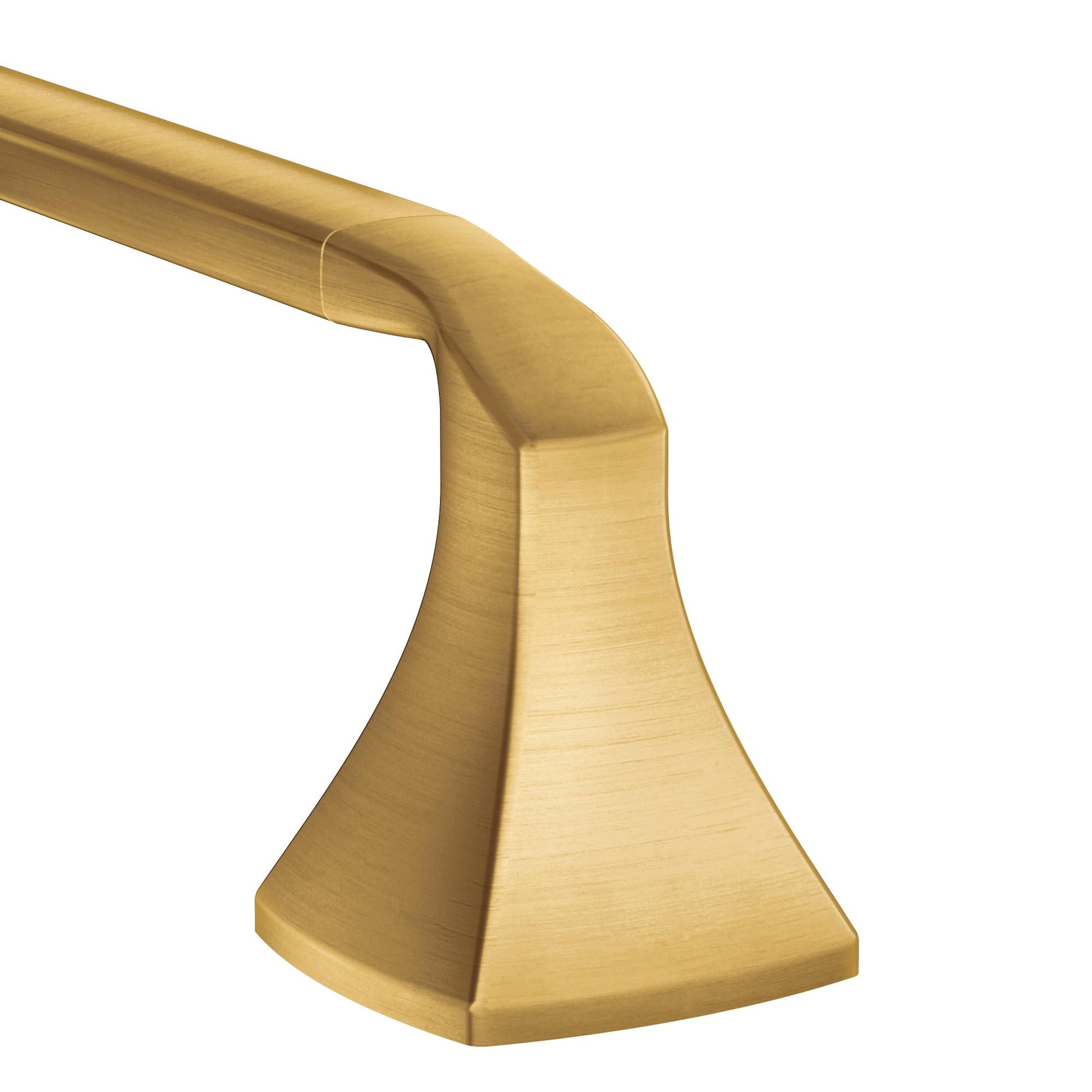 Brushed gold wall-mount towel bar with curved bracket and tapered square base.