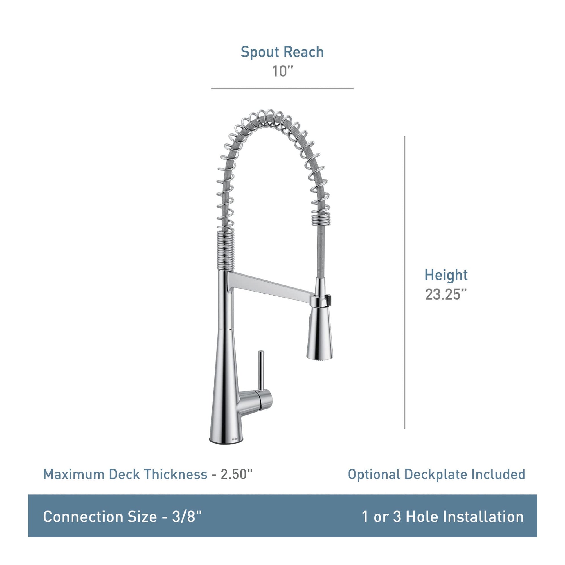 Chrome pulldown kitchen faucet with coiled hose, single handle, and 10" spout reach, 23.25" height.