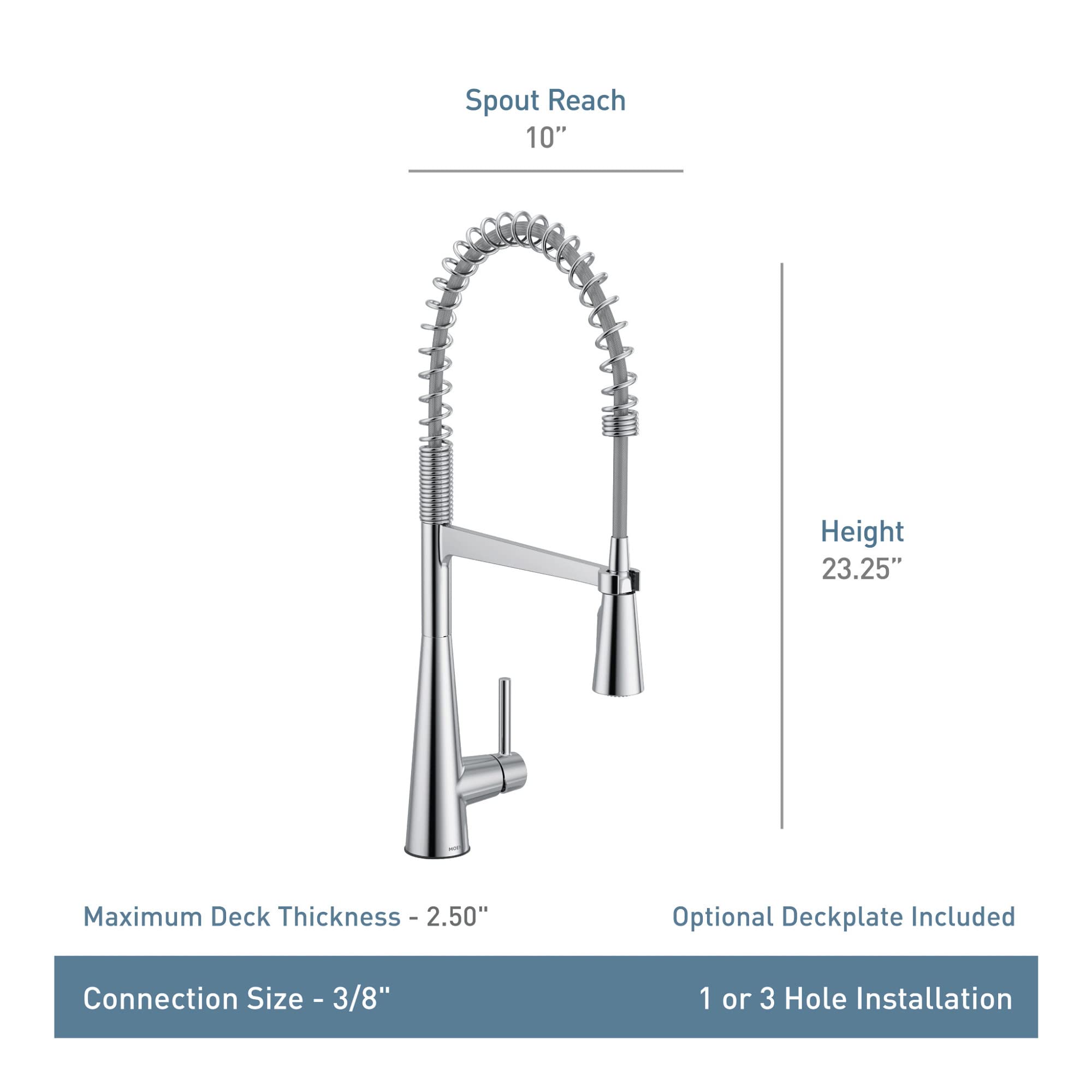 Chrome pulldown kitchen faucet with coiled hose, single handle, and 10" spout reach, 23.25" height.