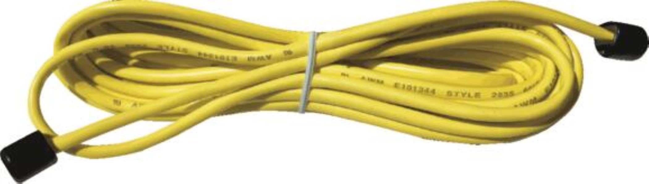Yellow extension cable with black connectors on both ends, coiled and bound with a gray tie.