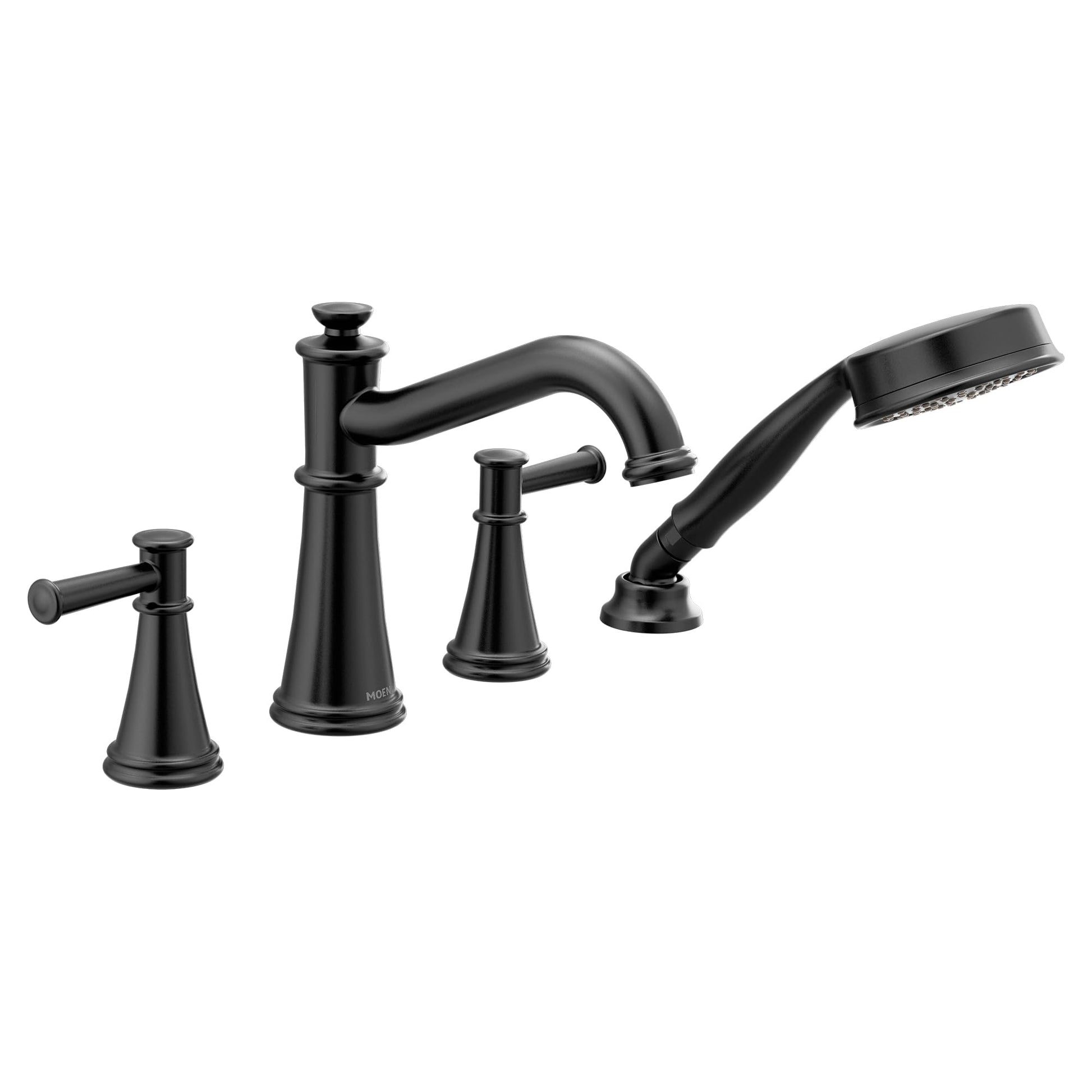 Matte black four-piece roman tub faucet trim with two handles, curved spout, and detachable handshower.