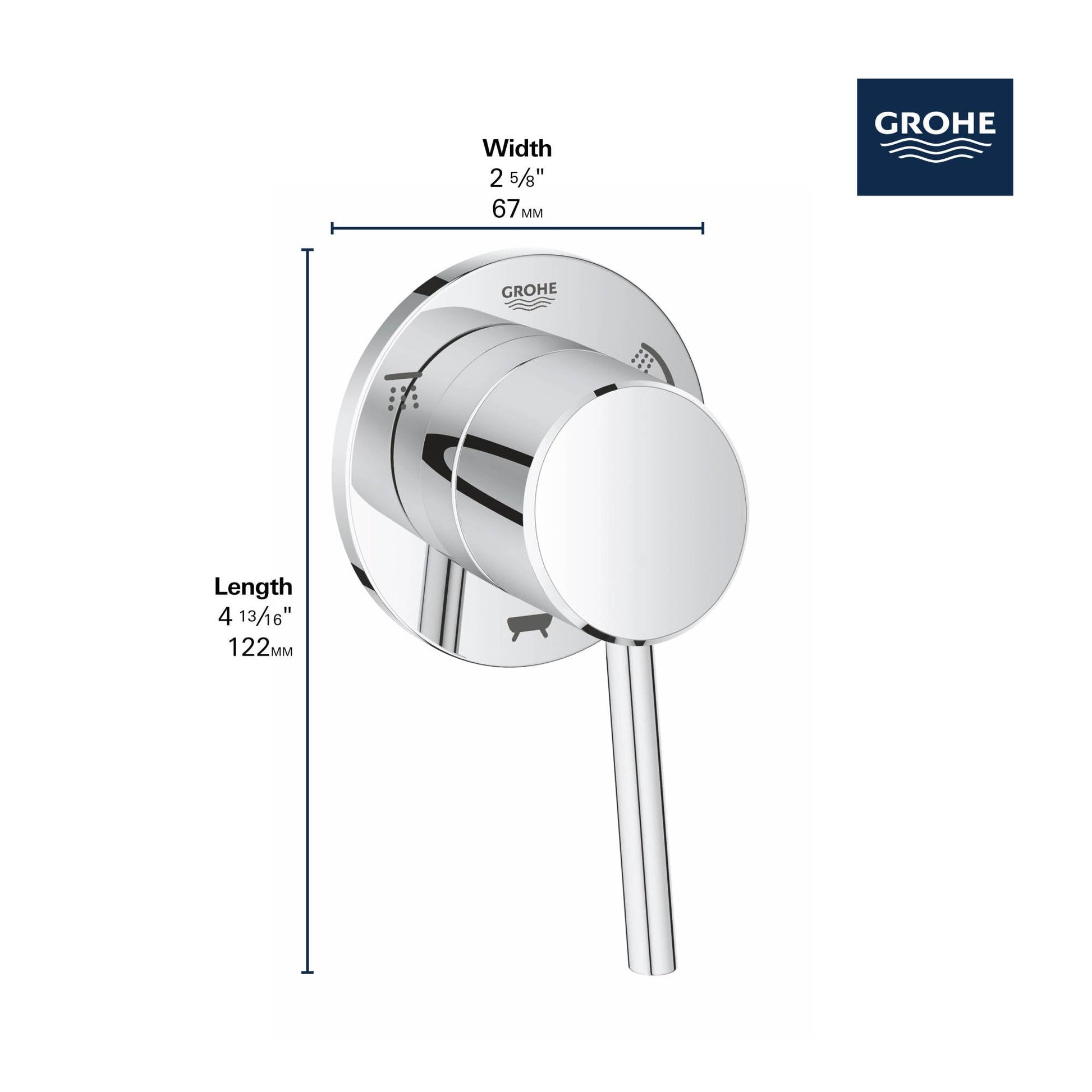 Grohe Concetto 3-way diverter trim with round handle and brushed cool sunrise finish, shown with dimensions.