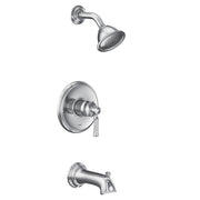 Chrome tub and shower trim kit with single lever handle, showerhead, and tub spout.