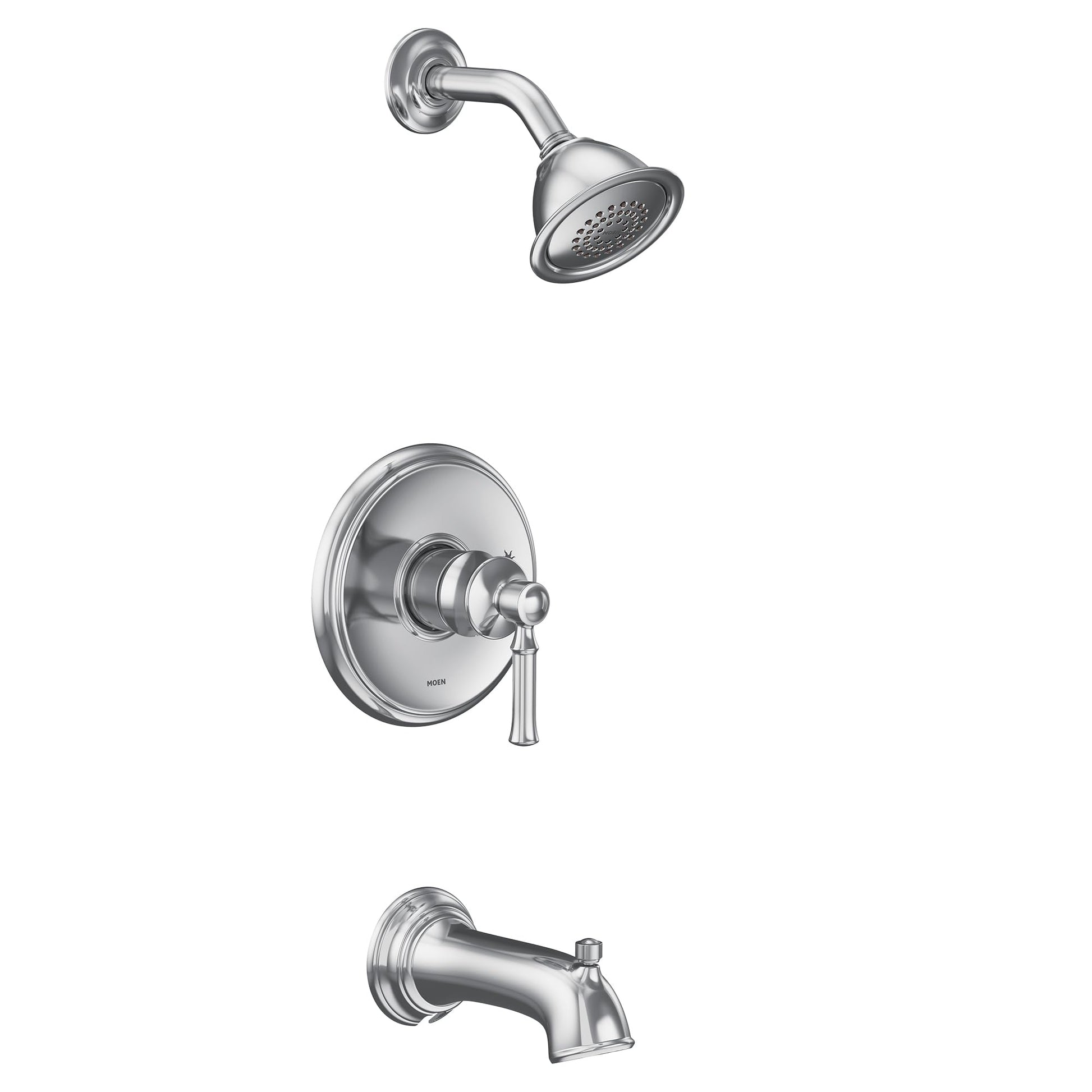 Chrome tub and shower trim kit with single lever handle, showerhead, and tub spout.