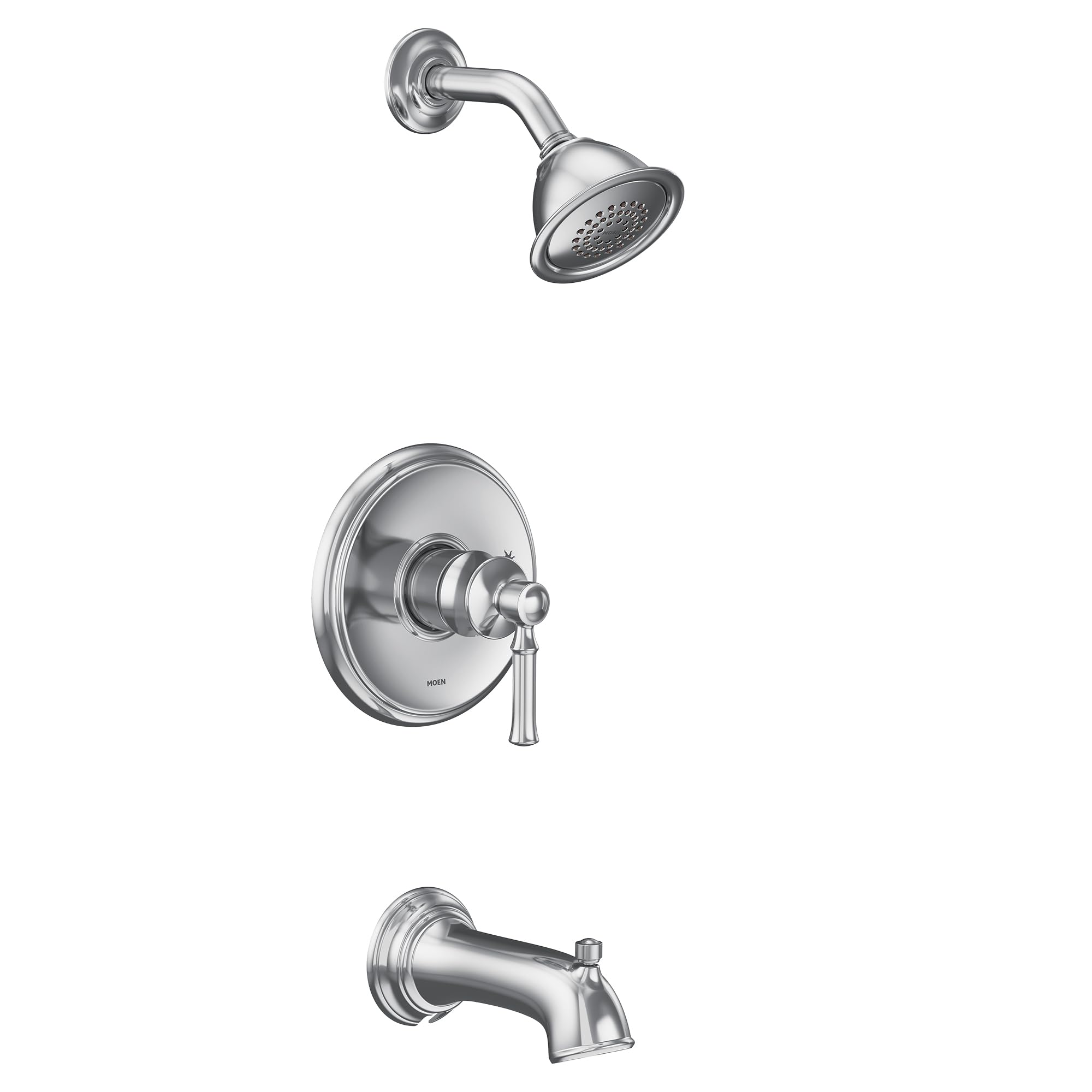 Chrome tub and shower trim kit with single lever handle, showerhead, and tub spout.