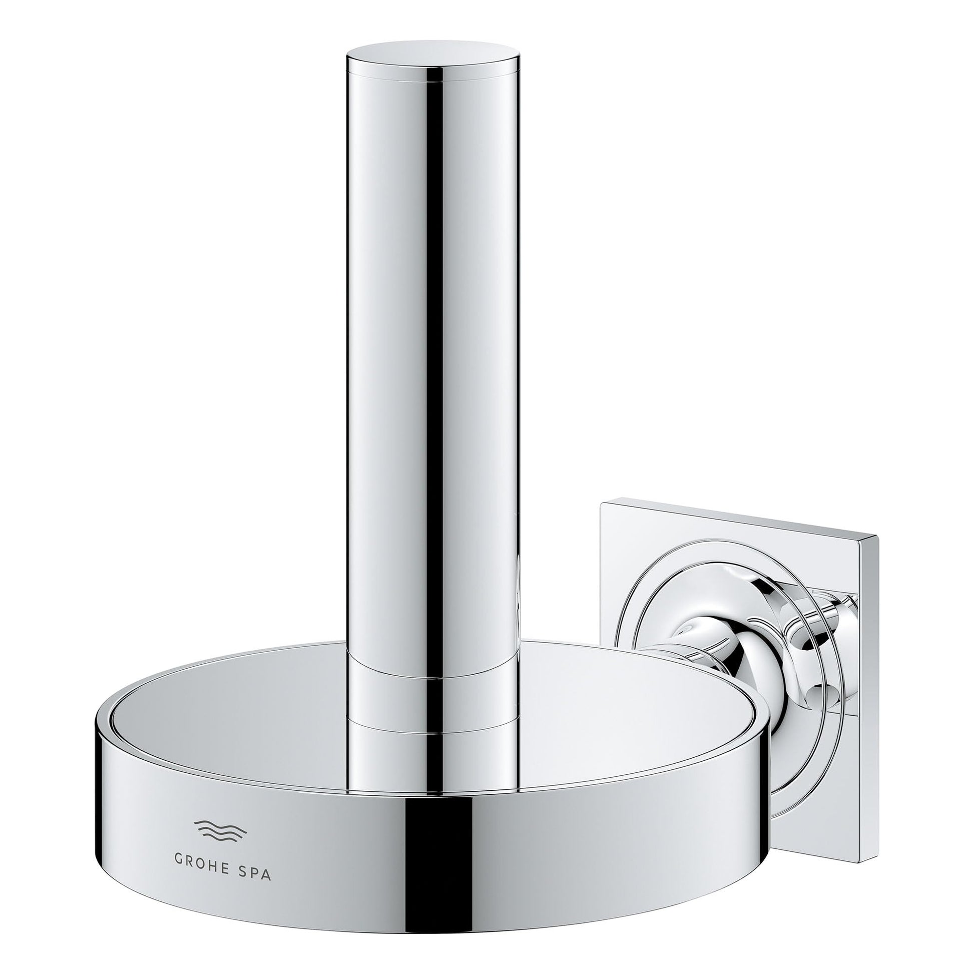 Chrome toilet paper holder with cylindrical roll storage and round base, wall-mounted with square backing plate.