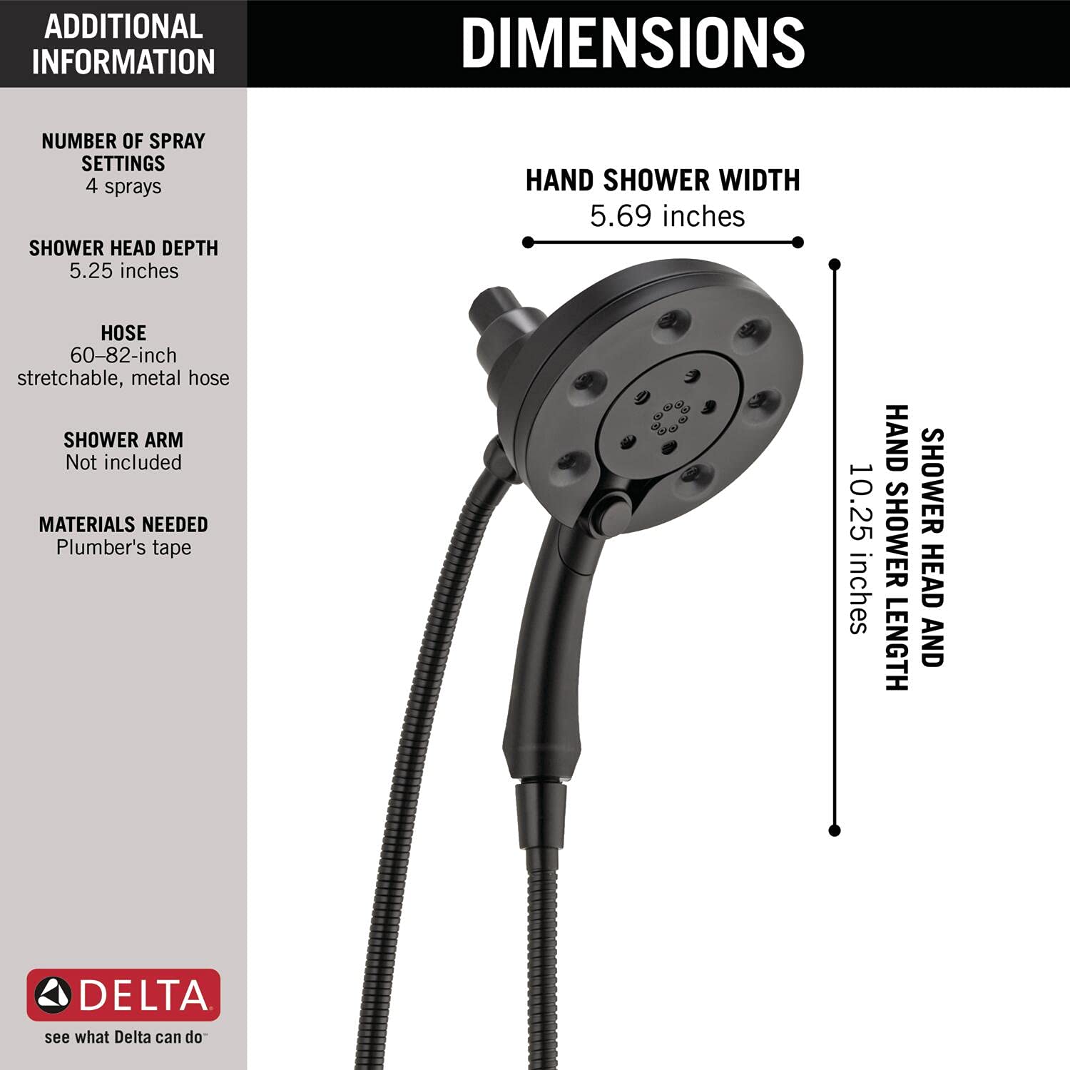 Matte black two-in-one shower head and hand shower with 4 spray settings and flexible hose.